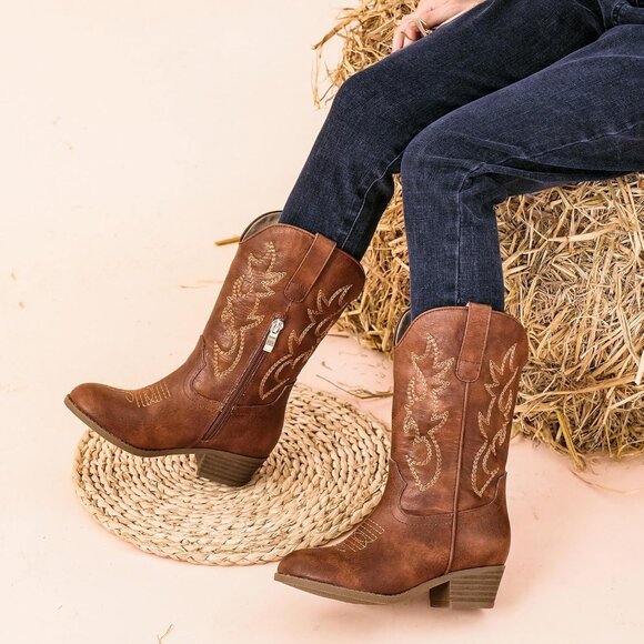 Kids Brown Cowboy Boots Pointed Toe Mid Calf Western Youth Horse Riding - Picture 7 of 7